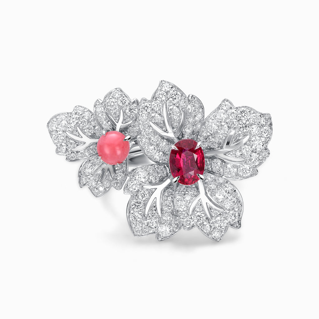pearl-diamond-ring-18k-white-gold-front-rcp001TASA 18K white gold twin floral ring featuring 0.68ct natural unheated ruby and conch pearl with 139 white diamond pavé, front view on white background