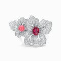 pearl-diamond-ring-18k-white-gold-front-rcp001TASA 18K white gold twin floral ring featuring 0.68ct natural unheated ruby and conch pearl with 139 white diamond pavé, front view on white background