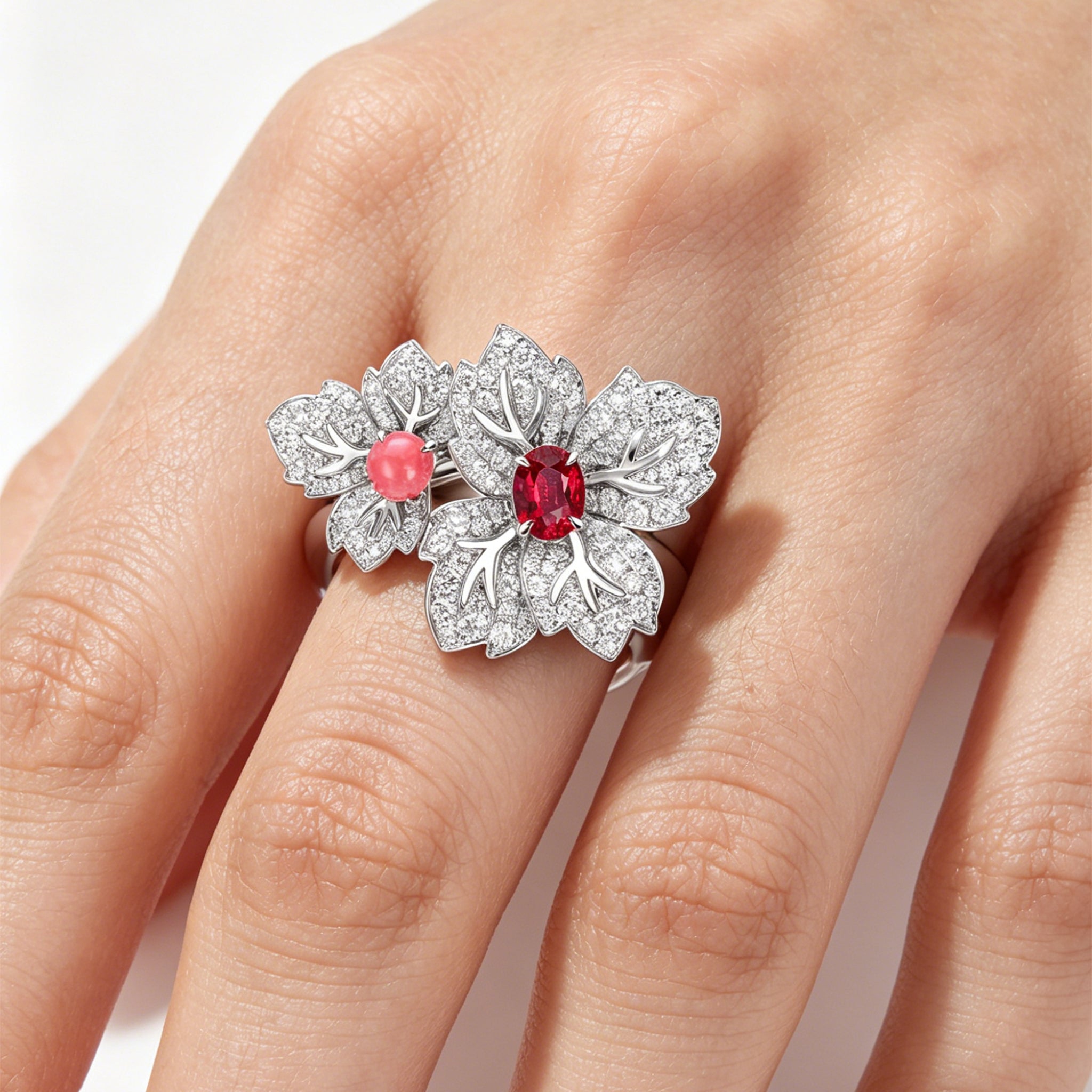 TASA unheated ruby and conch pearl twin floral diamond ring worn on hand close-up, 18K white gold fine jewellery