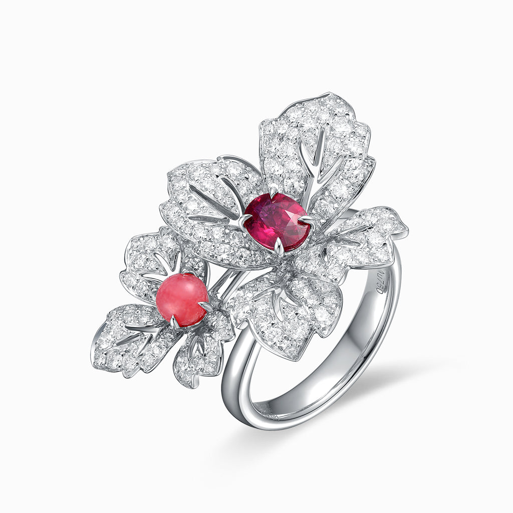 TASA 18K white gold botanical cocktail ring side profile, cushion-cut ruby and conch pearl with pavé diamond petals, white background