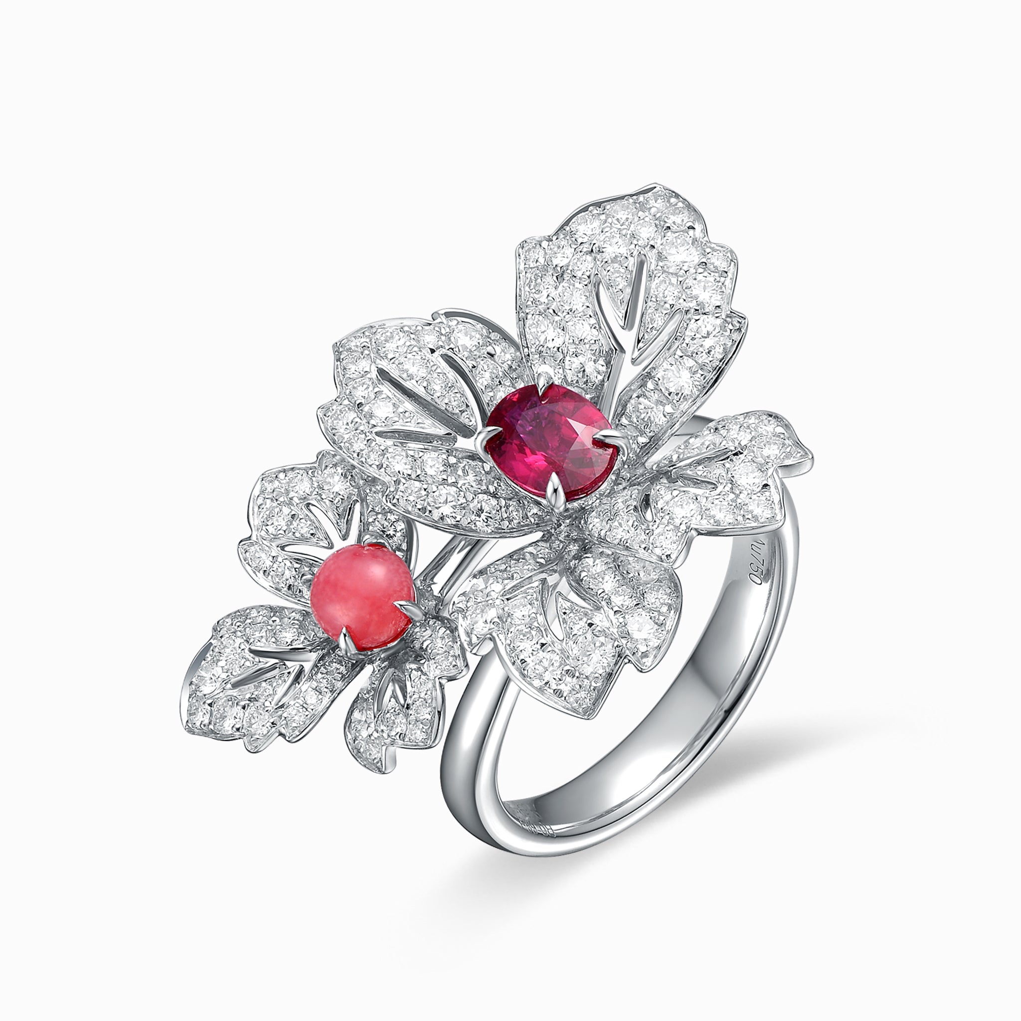 TASA 18K white gold botanical cocktail ring side profile, cushion-cut ruby and conch pearl with pavé diamond petals, white background